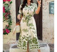 Große Größen Midi-Kleid für Damen mit gedrucktem Hemdkragen, loser Taille, Schleifengürtel, Knopfleiste vorne und Kurzarm, eleganter Vintage-Französis
