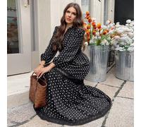 Große Größen Polka Punkt Muster Patchwork Spitzenkleid, Große Größen Langes Kleid, Große Größen Tailliertes Kleid, Kleines V-Ausschnitt Langarm Kleid,