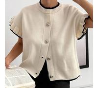 Große Größen schicke Knopf-Vorderseite Strickjacke Bluse mit plissierten Ärmeln und schwarz-weißen Kanten, weiches Strickmaterial mit Rüschen-Detail,