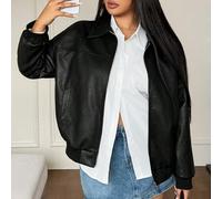 Große Größen Schwarze Retro-Stil PU-Jacke mit Umlegekragen, für Winter Kunstleder Jacke Große Größen Lederjacke Oversized Jacke Bomberjacke Femme Schw