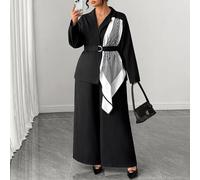 Große Größen Schwarzer Blazer mit weißem Band-Schal, Reverskragen, Taillenband mit geraffter Taille und schwarzer langer Hose, eleganter Pendler-Büro-