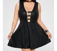 Große Größen schwarzes Schlangenledermuster Kleid mit tiefem V-Ausschnitt, geraffter Taille und A-Linie, sexy Y2K rückenloses Mini-Kleid, Punk Goth PU