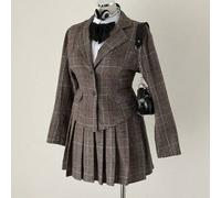 Große Größen Set aus karierter asymmetrischer Blazer Jacke und plissiertem A-Linien Rock, Herbst/Winter Damenbekleidung