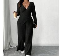 Große Größen Set aus weichem gestricktem Fleece-Rippstoff Langarm T-Shirt + weite Fleece-Rippstoff Hose für Zuhause, 2 Teile