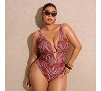 Große Größen Sommer Urlaub Strand Pflanzen Muster Tiefer V-Ausschnitt Rückenfreier Einteiler Badeanzug
