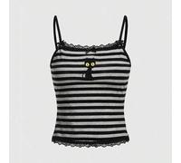 Große Größen-Trägerhemd in Schwarz mit Katzen- und Streifendruck sowie Spitzendekor, für den Sommer