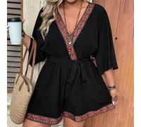 Große Größen V-Ausschnitt 3/4 Ärmel Floral Spitzenbesatz Eleganter Retro Süßer Boho Taillenschleife Shorts Jumpsuit