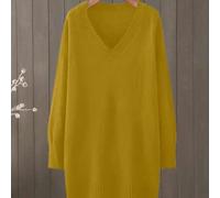 Große Größen V-Ausschnitt einfarbiges langärmliges Strickkleid, Lässig, Herbst/Winter