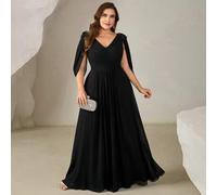 Große Größen V-Ausschnitt verziertes Petal-Ärmel langes Abendkleid, Vintage ausgestellter Saum Partykleider, schwarze Abendkleider für Frauen