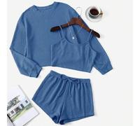 Große Größen Waffel-Strick Träger Top & Shorts & Oversized T-Shirt Pyjama Set / Schlafanzug Set, Herbst Winter Kleidung, gemütlicher Outfit