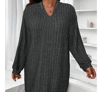 Große Größen Weich gebürstetes geripptes V-Ausschnitt Langarm Kleid mit Krawattenkragen, dekorativen Manschetten und Saum, knielang, elegant für Ausfl