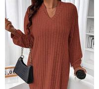 Große Größen Weich gebürstetes geripptes V-Ausschnitt Langarm Kleid mit Krawattenkragen, dekorativen Manschetten und Saum, knielang, elegant für Ausfl