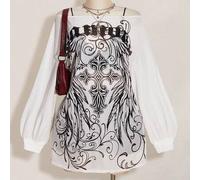 Große Größen Y2K Retro Punk Muster Mesh transparentes Kleid mit weiten Schultern und Schlitz, Minikleid