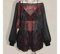 Große Größen Y2K Retro Punk Muster Mesh transparentes Kleid mit weiten Schultern und Schlitz, Minikleid