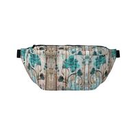 Große Outdoor-Sportgürteltasche, Crossbody-Bauchtasche für Damen und Herren, Blaugrün mit Blume auf Holzplanken-Druck, für Reisen, Workout, Bauchtasche
