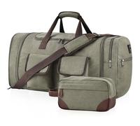 Große Reisetasche für Reisen, 60 l, Segeltuch, Reisetasche, Übernachtung, Wochenende, Sporttasche, Handgepäcktasche mit Nass- und Trocken-Trenntasche und Schuhfach, Armeegrün + Kulturbeutel