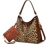 Große trendige Designer-Hobo-Tragetasche für Damen, weiches Leder, Crossbody-Tasche, Geldbörse und Geldbörse, Set in Schwarz / Braun, Leopard, Large