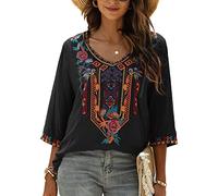 Grosy Böhmische bestickte Oberteile für Frauen, Hippie-Kleidung, mexikanische Bauernblusen, traditionelle Boho-Kleidung, Tunika-Shirts, Schwarz-4, X-Large
