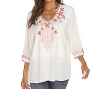 Grosy Böhmische bestickte Oberteile für Frauen, Hippie-Kleidung, mexikanische Bauernblusen, traditionelle Boho-Kleidung, Tunika-Shirts, Weiß-2, Mittel