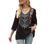 Grosy Böhmische bestickte Tops für Frauen Hippie Kleidung Mexikanische Bauernblusen Traditionelle Boho Kleidung Tunika Shirts, Schwarz 3, X-Groß