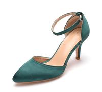 Grün,36 EU,Elegante Satinpumps für Damen mit Knöchelriemen, niedrigem Kitten-Heel und geschlossener Zehenpartie - perfekt für Hochzeiten, Brautkleider und Festliche Anlässe.