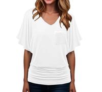 Grün Damen Bluse Sommer T-Shirts Kurzarm mit Taschen V-Ausschnitt Fledermausärmel Falten Saum Ruffles Kurzarm Blusen Tunika Übergröße Elegant Oberteile Locker Lässig Top Plus Size Solide Tops M 5XL