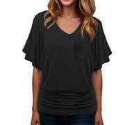 Grün Damen Bluse Sommer T-Shirts Kurzarm mit Taschen V-Ausschnitt Fledermausärmel Falten Saum Ruffles Kurzarm Blusen Tunika Übergröße Elegant Oberteile Locker Lässig Top Plus Size Solide Tops M 5XL