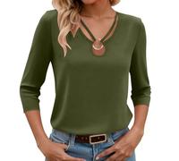 Grün Damen T-Shirt Mit V-Ausschnitt Tops Basic Elegant Langarmshirt Lässig Tshirt Bluse Langarm Oberteile Herbst Bekleidung 3/4 Arm Shirts Sommer Tshirt Pullover Casual T-Shirts Blau Grau XXL XXXL