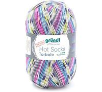 Gründl Hot Socks Torbole (Sockenwolle aus 75% Schurwolle (superwash) & 25% Polyamid, 6-fach Sockengarn, 150g / 375m, Nadelstärke: 3-4 mm, 1 x 150 g), lavendel-capri-pflaume-weuß-salatgrün-gelb