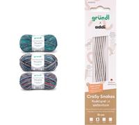 Gründl Sockenstrickset - Sockenwolle Trio 100 g + addi CraSy Snakes Nadelspiel 15 cm 2,00 mm
