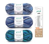 Gründl Sockenstrickset - Sockenwolle Trio 3 Knäuel 100 g, blau-grün + addi CraSy Snakes Nadelspiel 15 cm 2,50 mm