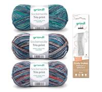 Gründl Sockenstrickset - Sockenwolle Trio 3 Knäuel 100 g, braun senf grau + addi CraSy Snakes Nadelspiel 15 cm 2,50 mm