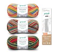 Gründl Sockenstrickset - Sockenwolle Trio 3 Knäuel 100 g, bunte Streifen + addi CraSy Snakes Nadelspiel 15 cm 2,50 mm