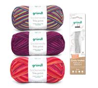Gründl Sockenstrickset - Sockenwolle Trio 3 Knäuel 100 g, rot violett grün + addi CraSy Snakes Nadelspiel 15 cm 2,50 mm