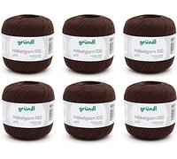 Gründl Wolle Häkelngarn 100 - dünne sommerliche Wolle zum Häkeln - Glänzend und waschbar - Baumwollgarn - 100% Baumwolle - 6 Knäuel 100 g / 566 m - Nadelstärke 1,5-2, schokolade