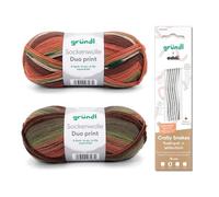 Gründl Wolle Sockenstrickset - Sockenwolle Duo 2 Knäuel 100 g, orange-grün-braun + addi CraSy Snakes Nadelspiel 15 cm 2,50 mm