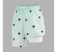 Grüne Farbverlauf Palmenbaum Muster Doppelschicht Badeshorts für Teenager Jungen, lässig, collegialer Stil, bequem, modisch, vielseitig, weiches Mater