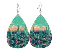Grüne Kaktuswüste bedruckte tropfenförmige Leder-Ohrringe | High-End-Design, leichte Luxus-Ohrringe