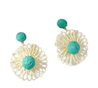 Grüne Leichte Baumelnde Raffia Ohrringe für Frauen, Handgefertigte Boho Rattan Blumen, Statement Tropfenohrringe, Sommer Strand Urlaubsschmuck, Festival Accessoires