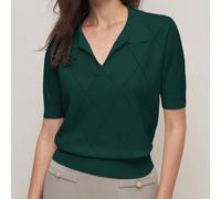 Grünes Damen-Stricktop, asymmetrisches Argyle-Muster Häkelstrick-Pullover mit Polokragen, Kurzarm, elegant, minimalistisch, lässig, für Pendeln, Dates