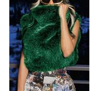 Grünes, flauschiges, ärmelloses Tank Top aus Flanell mit hohem Kragen für Damen in normaler Länge