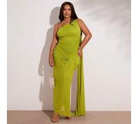 Grünes gerafftes Maxikleid mit Schlitz an der Schulter für Damen in Große Größen, Urlaubskleid aus Mesh