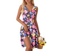 grünes Kleid Sommerkleid Ärmellos Freizeit Kleider Blumenkleid mit V-Ausschnitt Casual Strandkleid Midi Kleid Lose A-Linie Kleider Elegant Freizeitkleid für Strand Urlaub B Purple Pink M