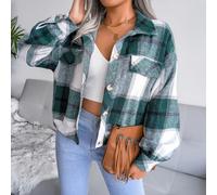 Grünes langärmeliges Karo- Puff-Shirtjacke für Damen, Größe S-XL
