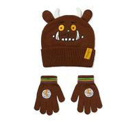 Gruffalo The Kinder-Set aus Mütze und Handschuhen | Wintermütze mit Charakter-Neuheitsgesicht für Kinder mit 3D-Ohren und Hörnern in Braun | Gestreifte Strickhandschuhe