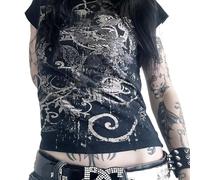 Grunge-Shirts, Emo-Kleidung für Damen, Teenager, Mädchen, Y2K, Fee, Grunge 2000er, Totenkopf, Skelett-Druck, T-Shirts, Shirts, Vintage-Stil, E-Girls-Kleidung, A Schwarz, S