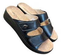 GRUNLAND Damen-Hausschuhe Comfort Kunstleder FRESIA Rissbildung mit herausnehmbarem Fußbett DRY SOFT, Blau glänzend, 38 EU