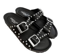 Grunland Damen-Hausschuhe mit Nieten STELLA DARK Sandalen Kunstleder doppelt verstellbar mit anatomischer Einlegesohle RE-Soft, Schwarz , 38 EU