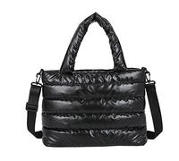 GSenhui Flauschige Handtasche Damen Umhängetasche, Baumwolle Nylon Große Tote Bag, Stepptasche Shopper Gesteppte Tasche , Einfarbig Crossbody Bag Damen breiter gurt für Arbeit Reisen Schule, Schwarz