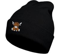 gswirmchsq Beanie-Mütze mit schottischem Hochlandkuh, schwarz, niedliche lustige Kuh-Stickerei, Winter-Strickmütze für Erwachsene, Männer und Frauen, Schwarz, Einheitsgröße